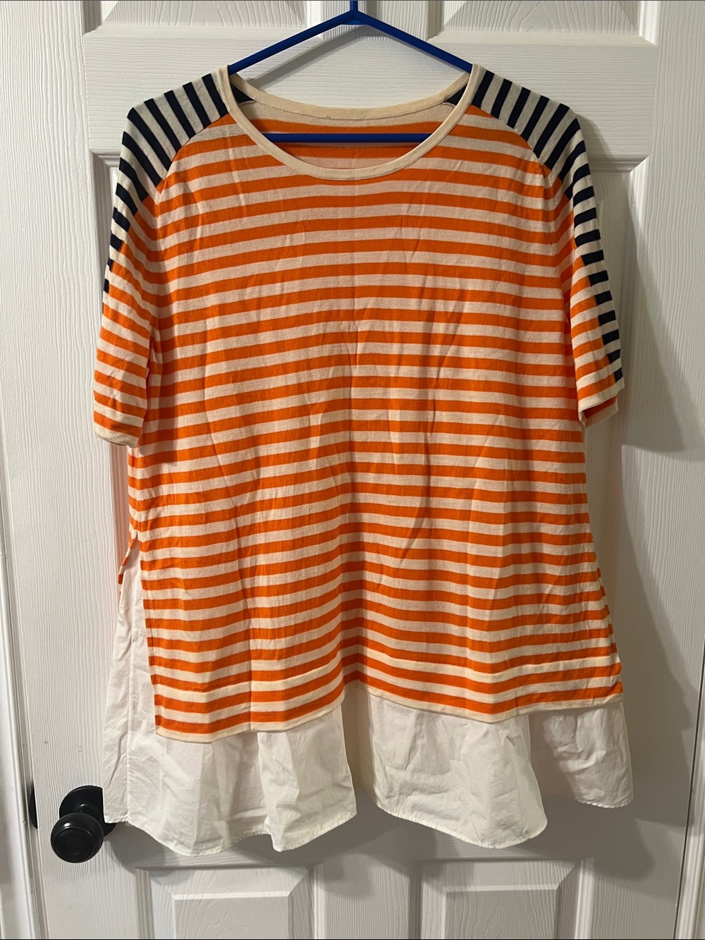 Akris Punto Mixed Media Wool Cotton Striped Short Sleeve Tunic Sweater L?